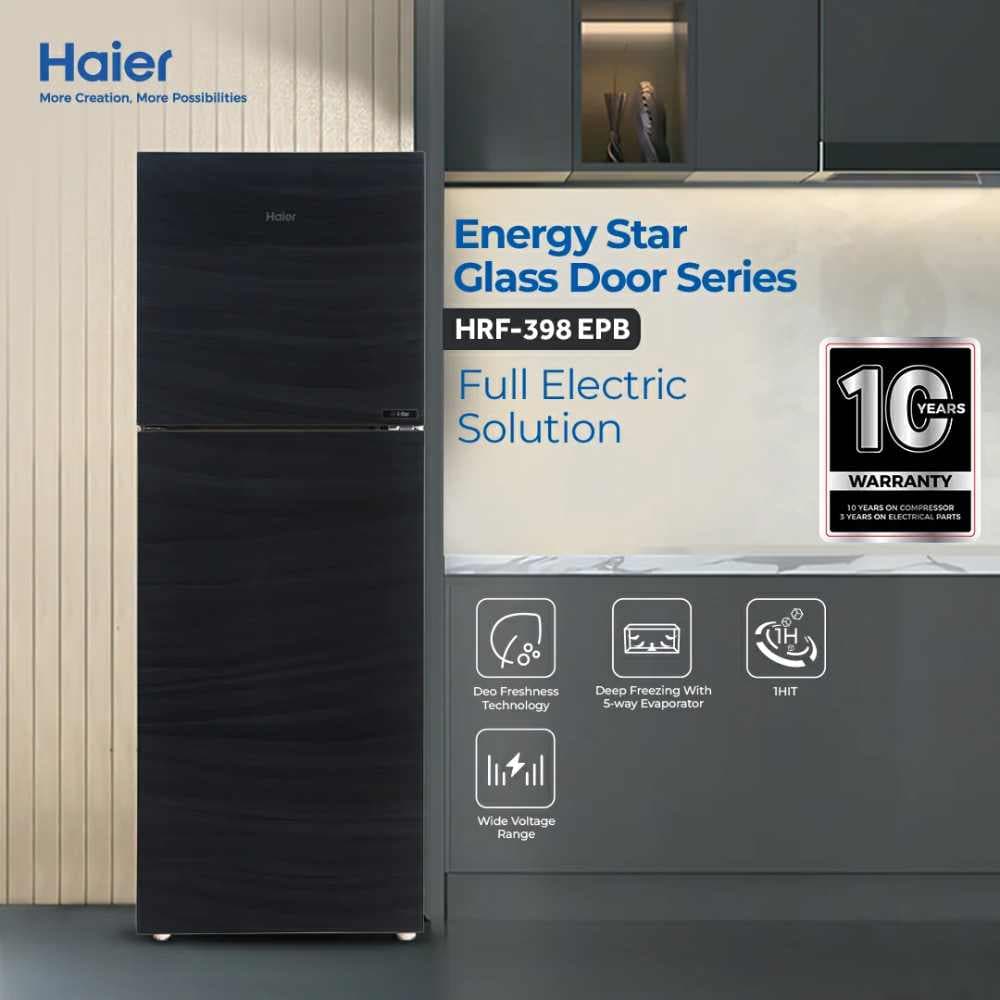 Haier 398 EPB Black Glass Door 15 CFT
