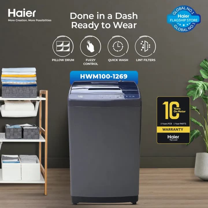 Haier 100-1269s6 (10kg) 2026 – Top Load Fully Automatic Washing Machine, Auto Restart, Fuzzy Logic