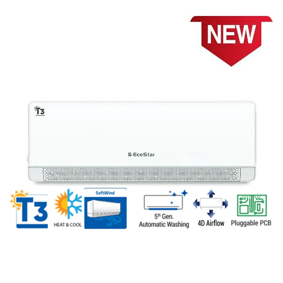 Ecostar ES-18NV02WT3 Novo Max Series 1.5-Ton DC Inverter Heat and Cool, T3 Compressor, Breezeless Soft Wind