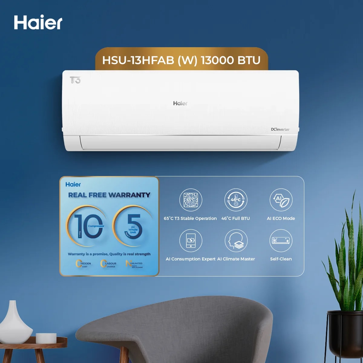 Haier HSU-13HFAB (White) T3 Condition, 1-Ton DC Inverter Heat, Wifi Smart, Ampere Lock