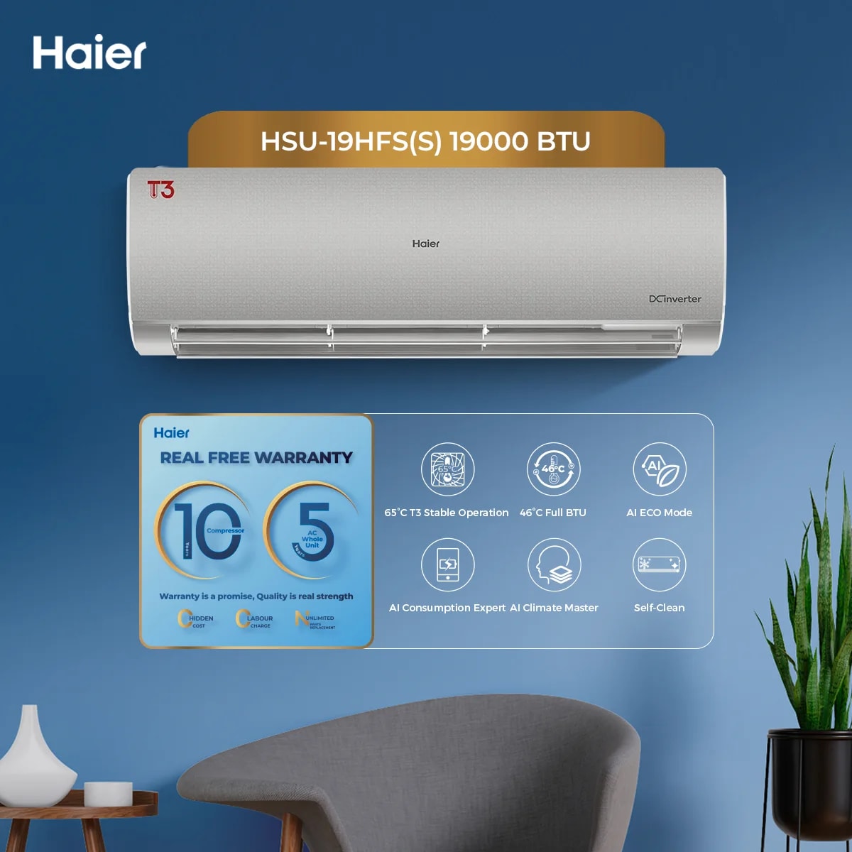 Haier HSU-19HFSS (Silver) T3 Series, 1.5-Ton DC Inverter Heat and Cool, Ampere Lock