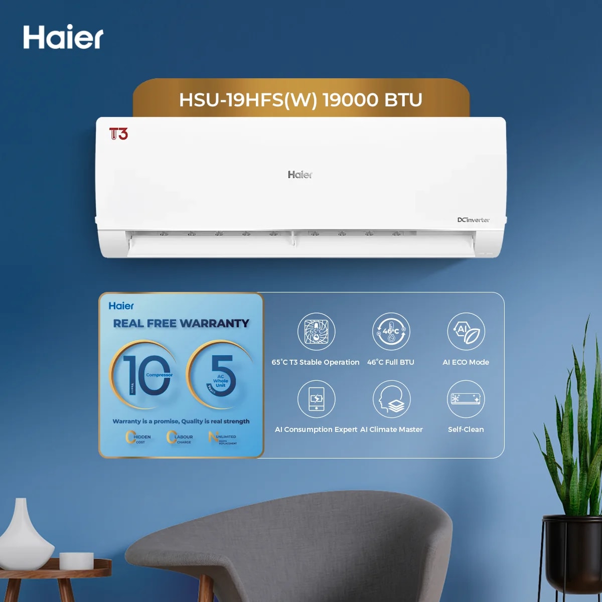 Haier HSU-19HFSW (White) T3 Series, 1.5-Ton DC Inverter Heat and Cool, Ampere Lock